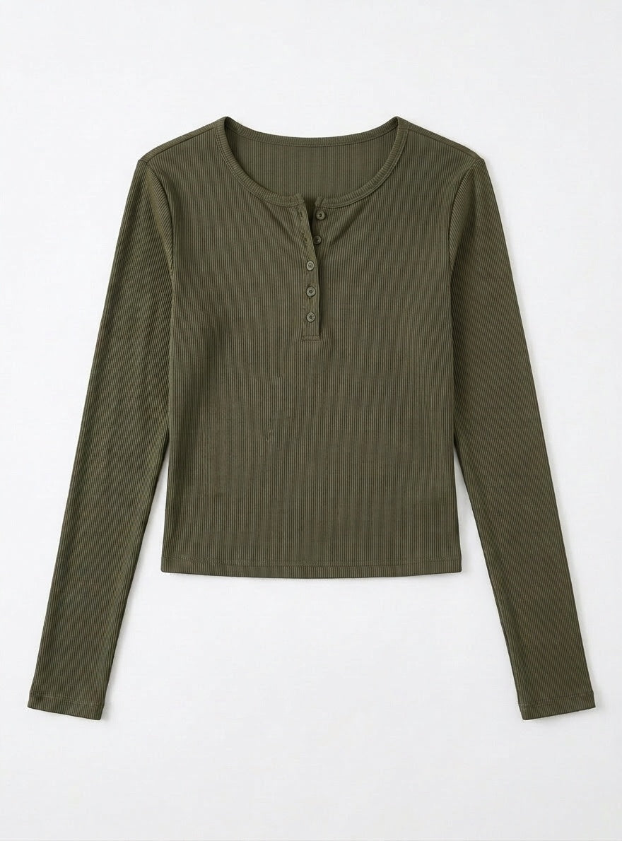 Kadın Haki Yeşili Düğme Detaylı Patlı Düğmeli Bisiklet Yaka Uzun Kollu Fitilli Kaşkorse Bluz Body