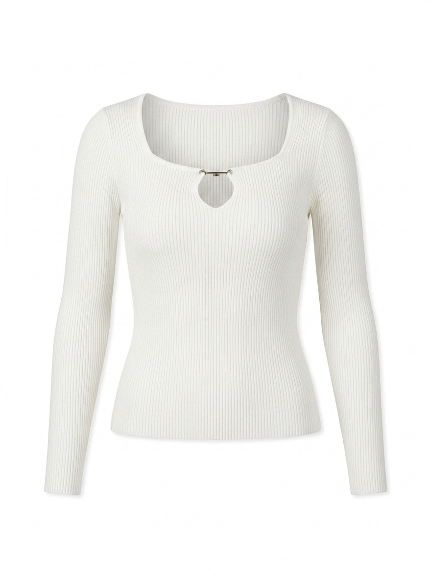 Kadın Beyaz Armut Yaka Çengel Detaylı Kancalı Uzun Kollu Fitilli Extra Soft Yumuşak Bluz Body
