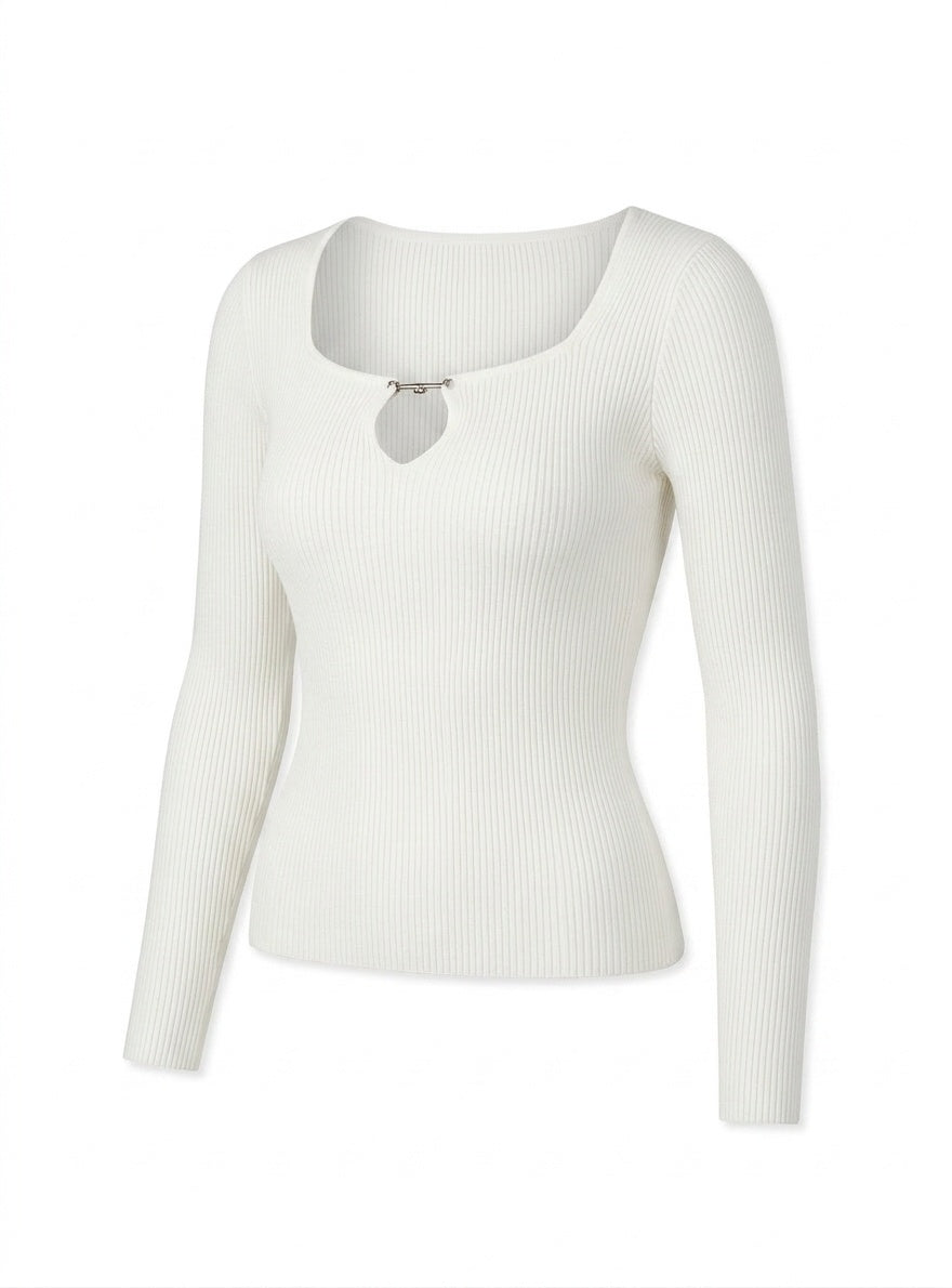 Kadın Beyaz Armut Yaka Çengel Detaylı Kancalı Uzun Kollu Fitilli Extra Soft Yumuşak Bluz Body
