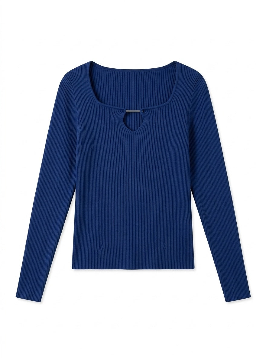 Kadın Saks Mavi Armut Yaka Çengel Detaylı Kancalı Uzun Kollu Fitilli Extra Soft Yumuşak Bluz Body