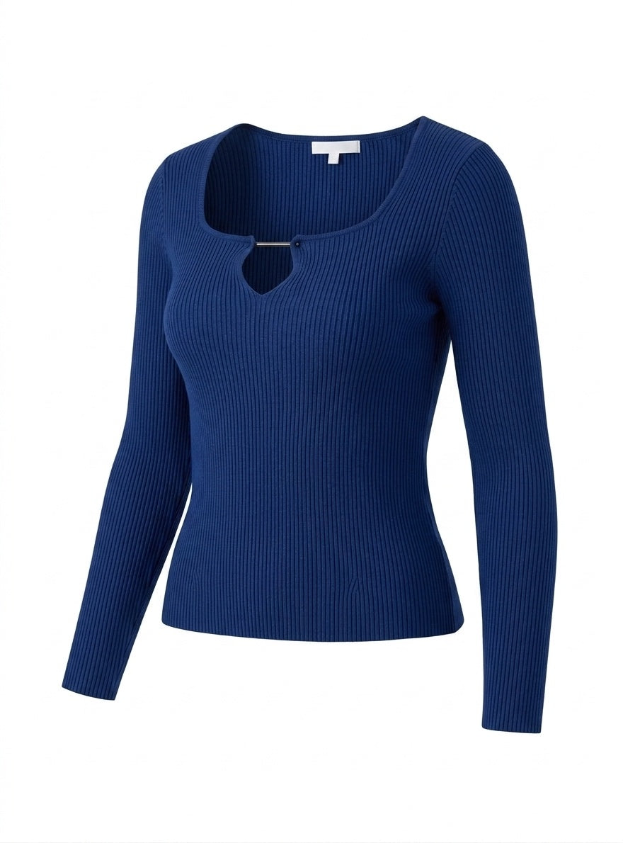 Kadın Saks Mavi Armut Yaka Çengel Detaylı Kancalı Uzun Kollu Fitilli Extra Soft Yumuşak Bluz Body