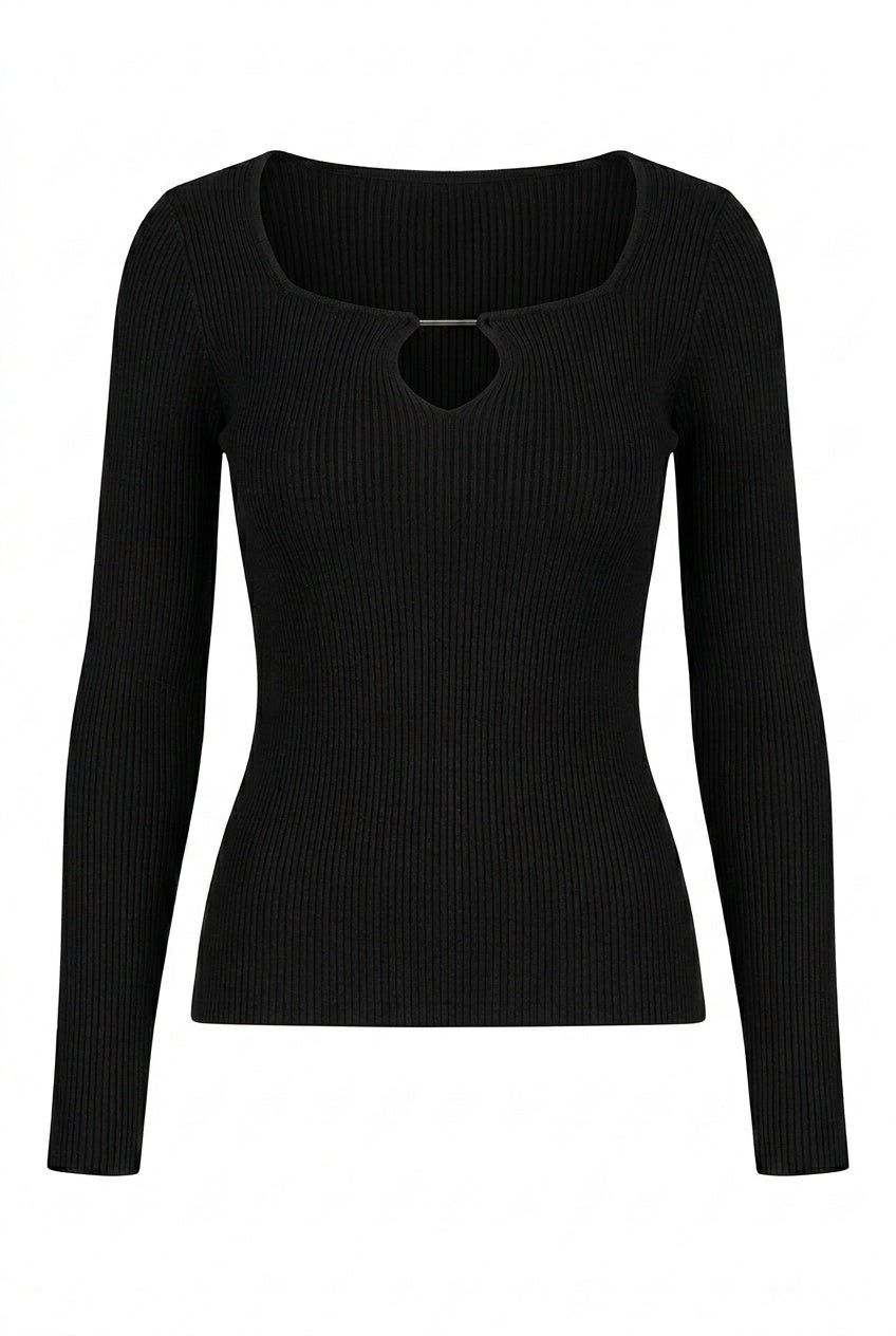 Kadın Siyah Armut Yaka Çengel Detaylı Kancalı Uzun Kollu Fitilli Extra Soft Yumuşak Bluz Body