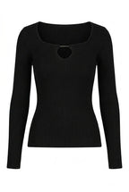 Kadın Siyah Armut Yaka Çengel Detaylı Kancalı Uzun Kollu Fitilli Extra Soft Yumuşak Bluz Body