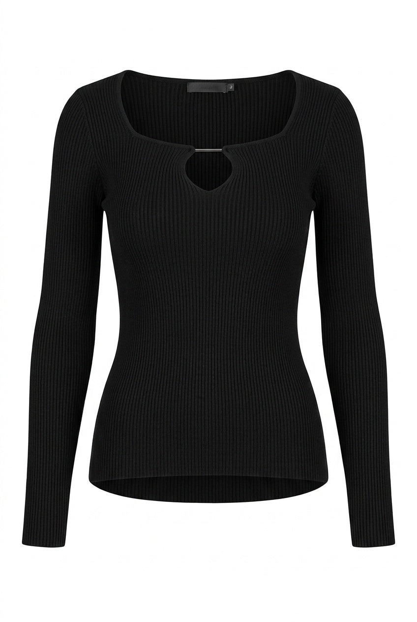 Kadın Siyah Armut Yaka Çengel Detaylı Kancalı Uzun Kollu Fitilli Extra Soft Yumuşak Bluz Body