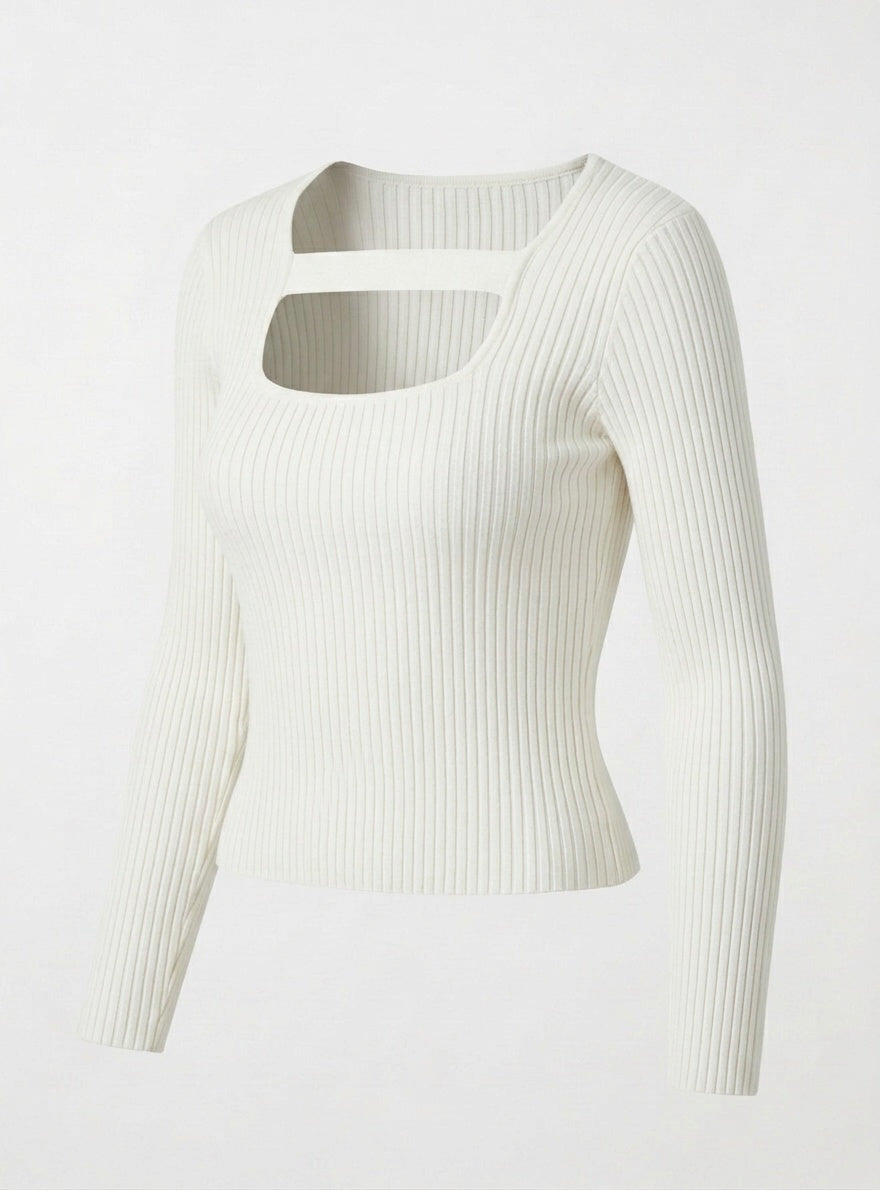 Kadın Beyaz U Yaka Bant Detaylı Uzun Kollu Fitilli Extra Soft Yumuşak Bluz Body
