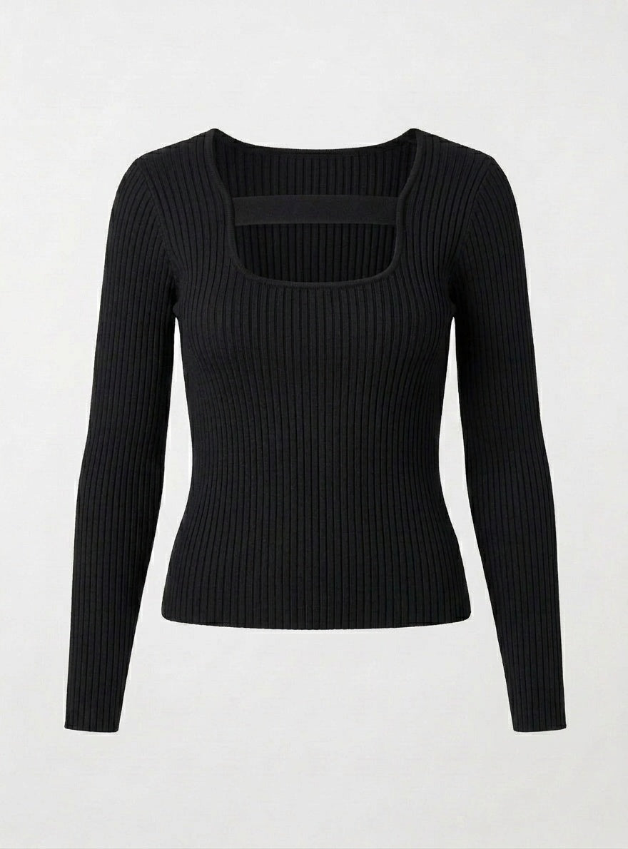 Kadın Siyah U Yaka Bant Detaylı Uzun Kollu Fitilli Extra Soft Yumuşak Bluz Body