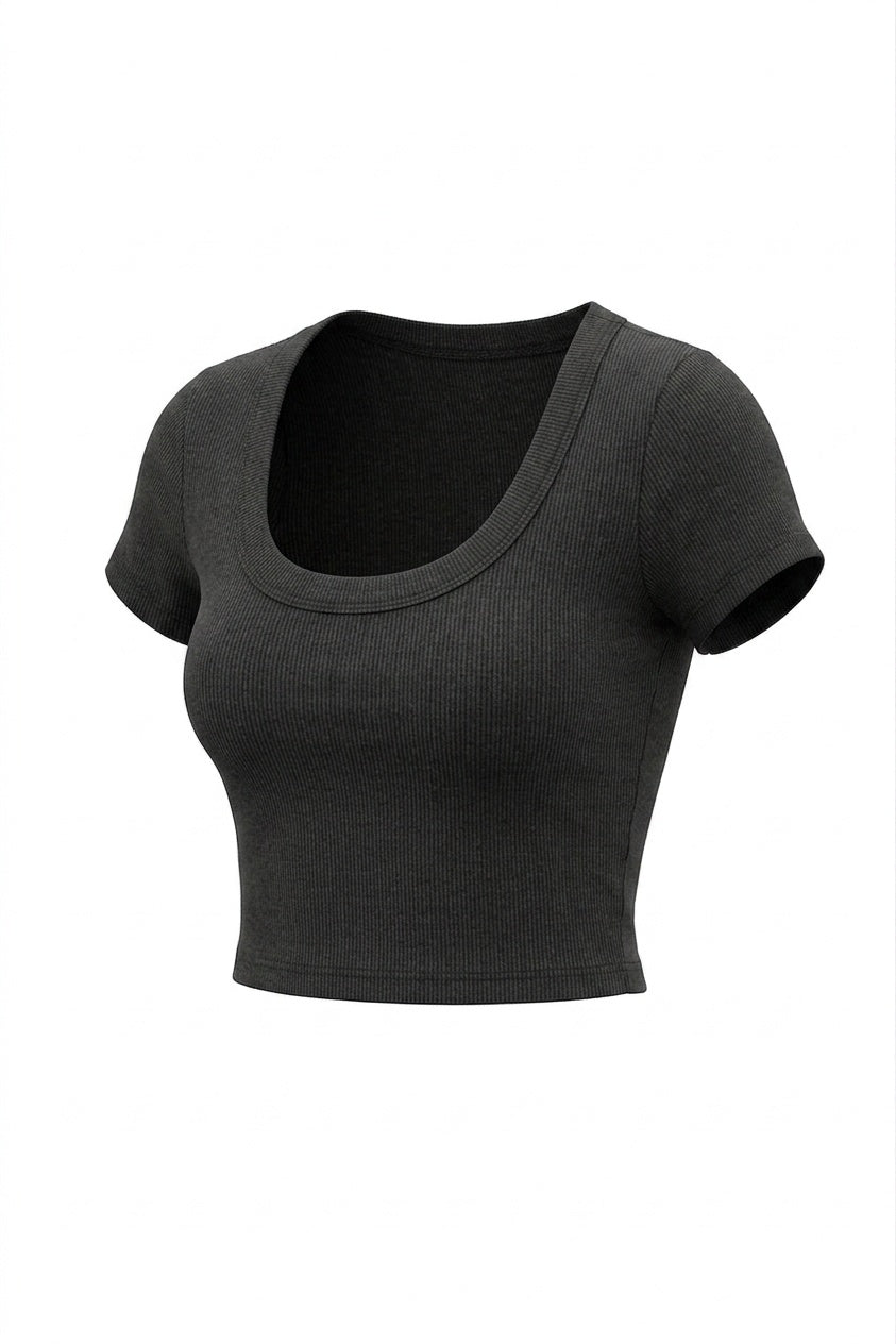 Kadın Antrasit U Yaka Kısa Kollu Fitilli Kaşkorse Body T-Shirt