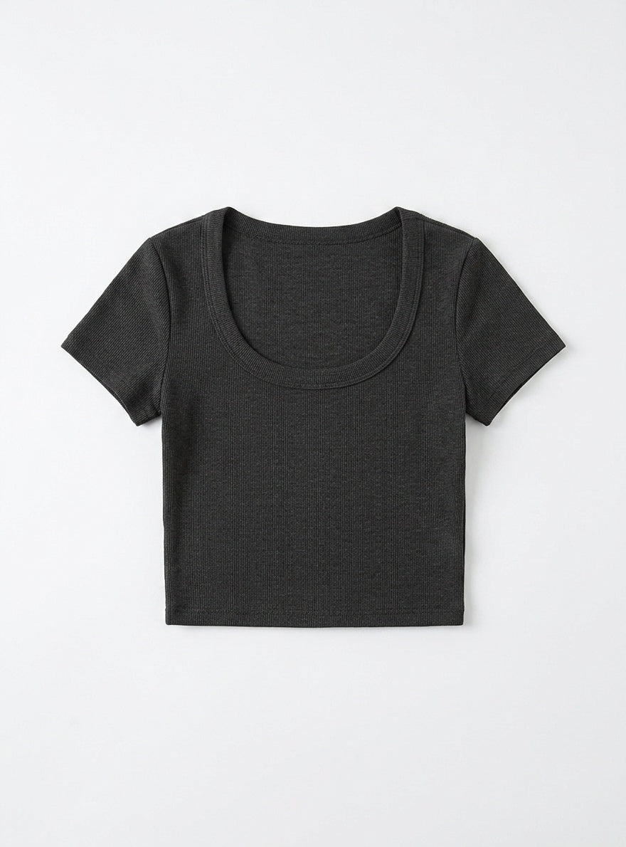 Kadın Antrasit U Yaka Kısa Kollu Fitilli Kaşkorse Body T-Shirt