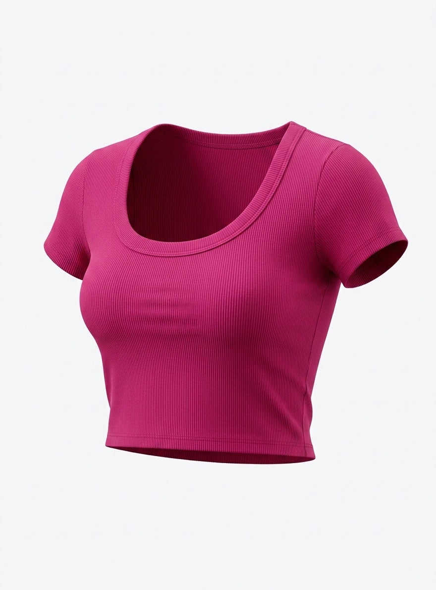 Kadın Şeker Pembe U Yaka Kısa Kollu Fitilli Kaşkorse Body T-Shirt