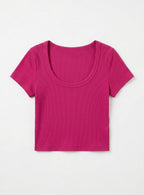 Kadın Şeker Pembe U Yaka Kısa Kollu Fitilli Kaşkorse Body T-Shirt