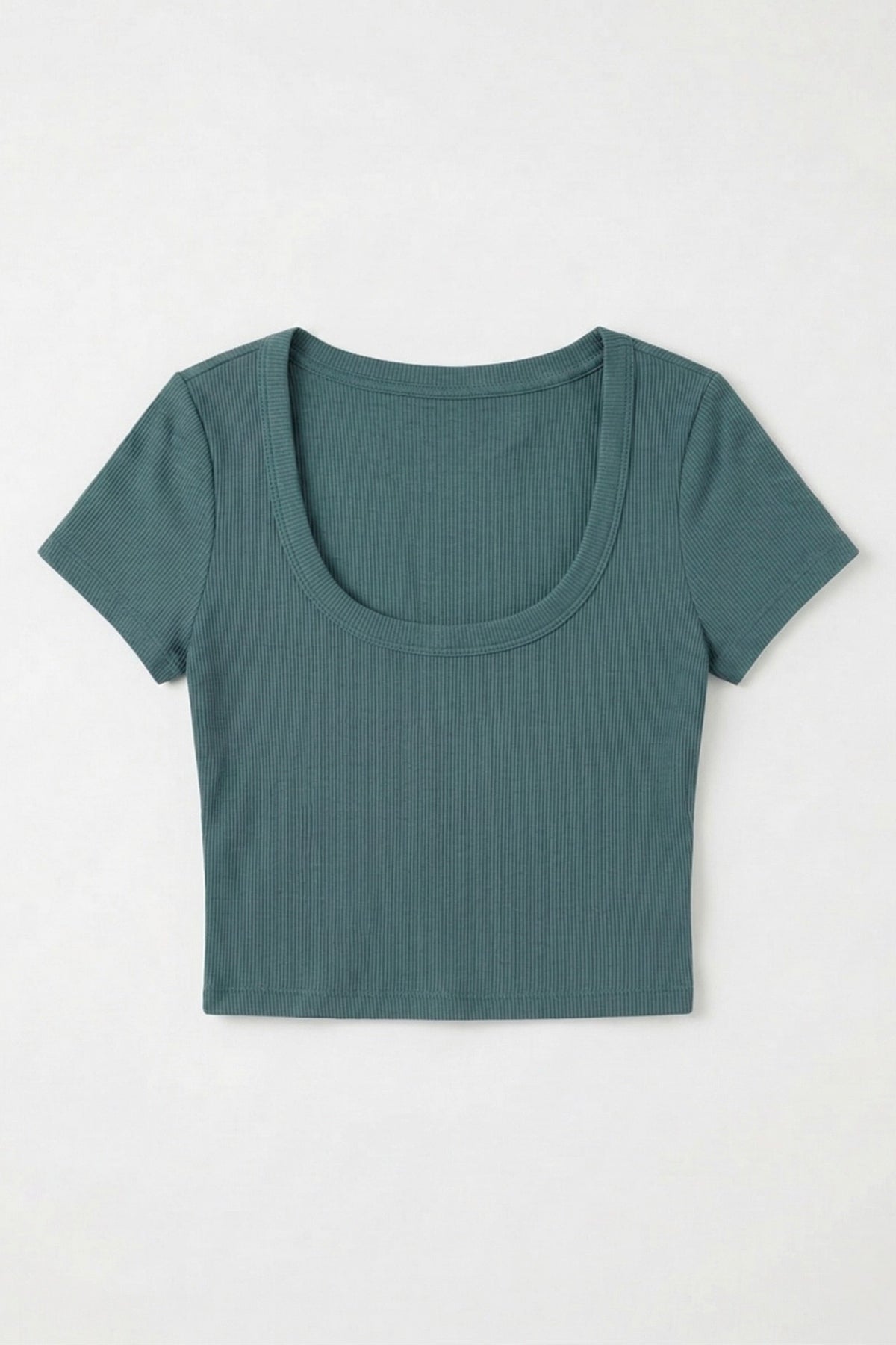 Kadın Petrol Yeşili U Yaka Kısa Kollu Fitilli Kaşkorse Body T-Shirt