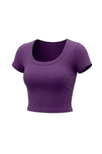 Kadın Mor U Yaka Kısa Kollu Fitilli Kaşkorse Body T-Shirt