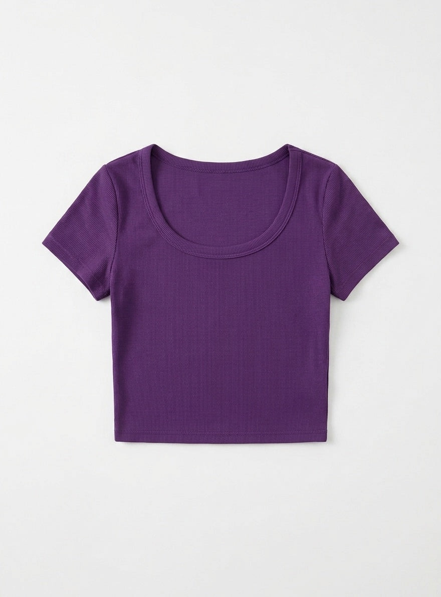 Kadın Mor U Yaka Kısa Kollu Fitilli Kaşkorse Body T-Shirt