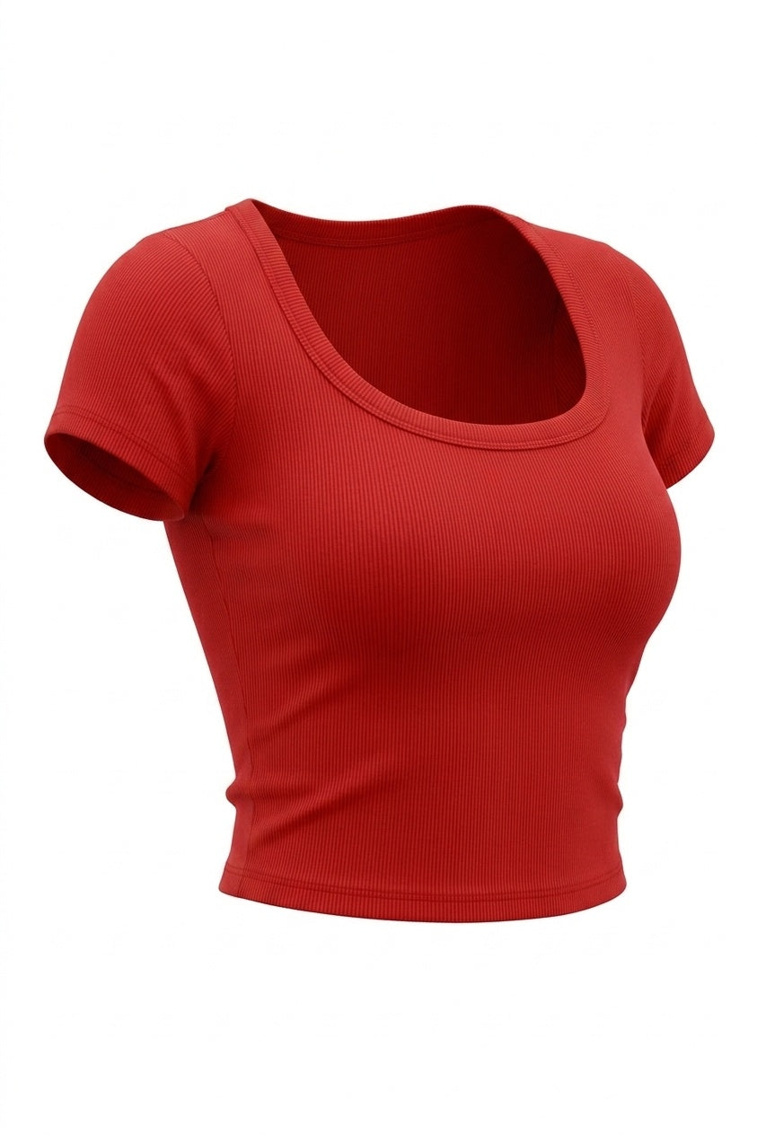 Kadın Kırmızı U Yaka Kısa Kollu Fitilli Kaşkorse Body T-Shirt