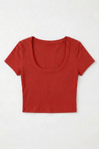 Kadın Kırmızı U Yaka Kısa Kollu Fitilli Kaşkorse Body T-Shirt