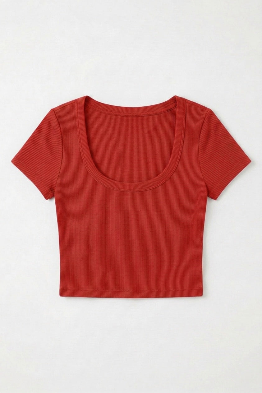 Kadın Kırmızı U Yaka Kısa Kollu Fitilli Kaşkorse Body T-Shirt