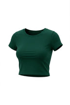 Kadın Bntn Yeşili Bisiklet Yaka Likralı Kısa Kol Body Crop T-Shirt