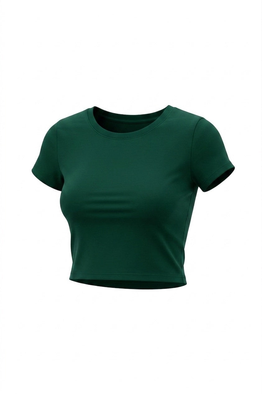 Kadın Bntn Yeşili Bisiklet Yaka Likralı Kısa Kol Body Crop T-Shirt