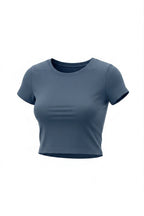 Kadın Füme Bisiklet Yaka Likralı Kısa Kol Body Crop T-Shirt