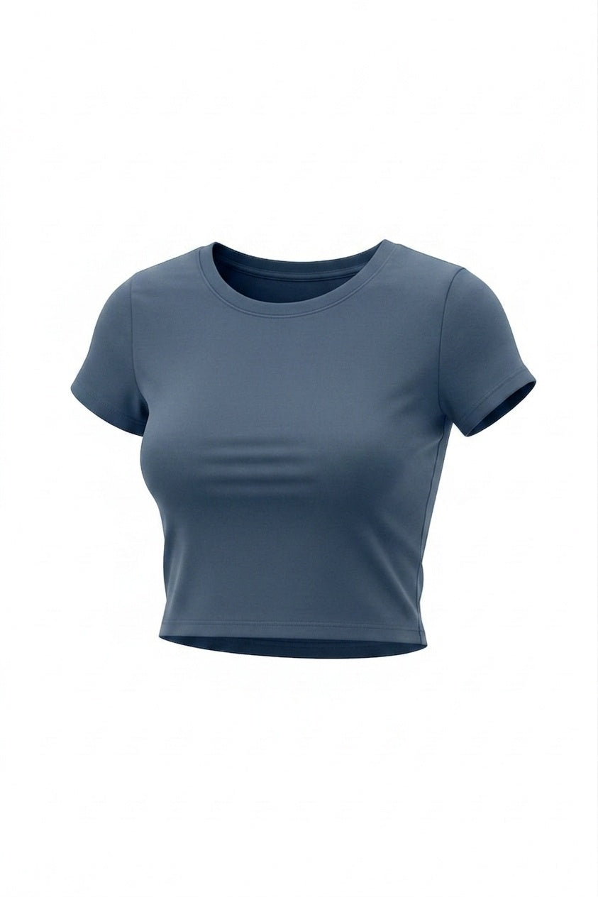 Kadın Füme Bisiklet Yaka Likralı Kısa Kol Body Crop T-Shirt