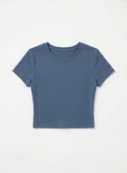 Kadın Füme Bisiklet Yaka Likralı Kısa Kol Body Crop T-Shirt