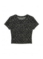 Kadın Leopar Baskılı Pamuklu Likralı Bisiklet Yaka Basic Kısa Kollu Esnek Body Crop T-Shirt