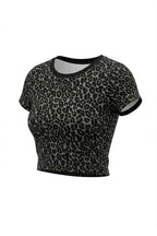 Kadın Leopar Baskılı Pamuklu Likralı Bisiklet Yaka Basic Kısa Kollu Esnek Body Crop T-Shirt