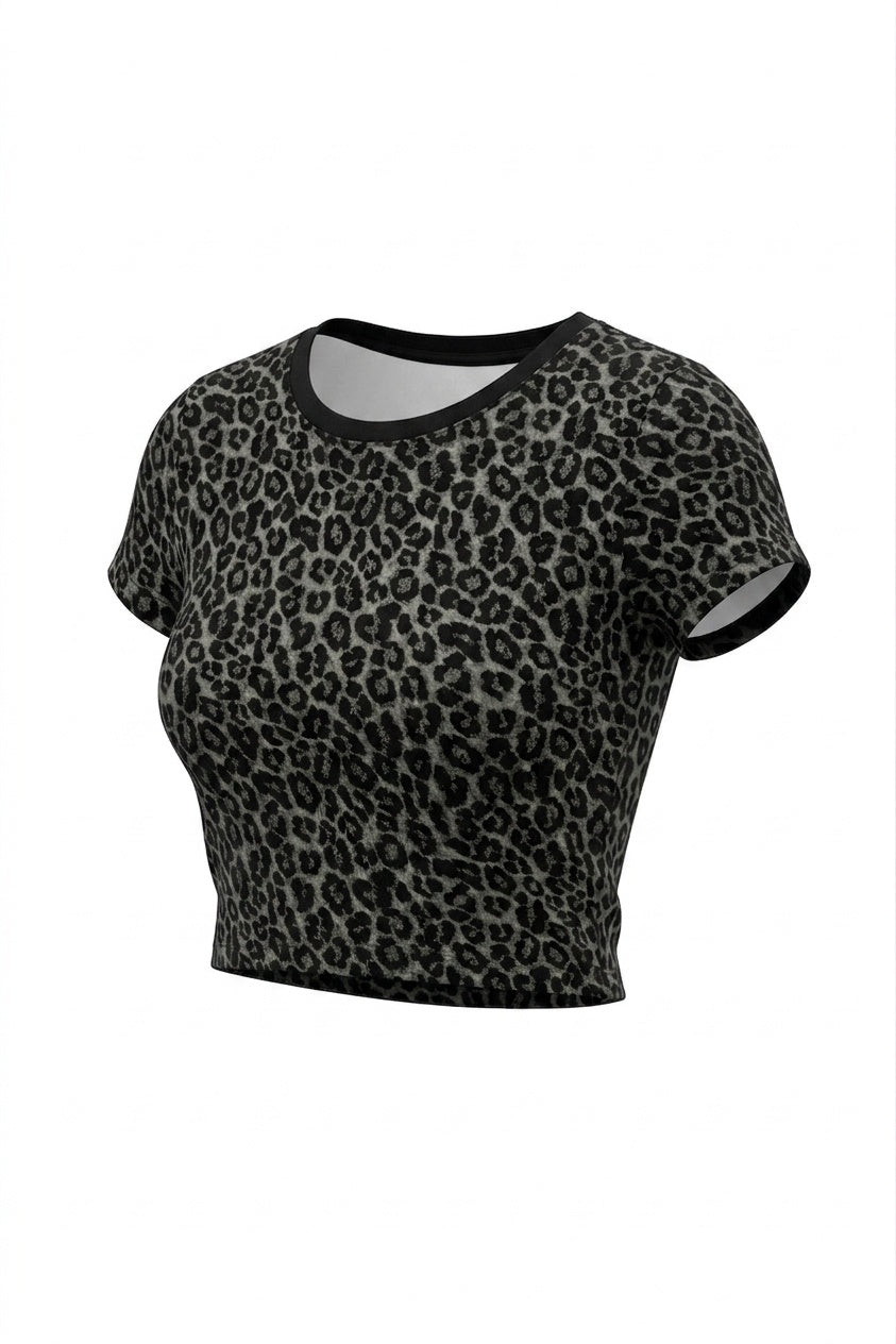 Kadın Leopar Baskılı Pamuklu Likralı Bisiklet Yaka Basic Kısa Kollu Esnek Body Crop T-Shirt