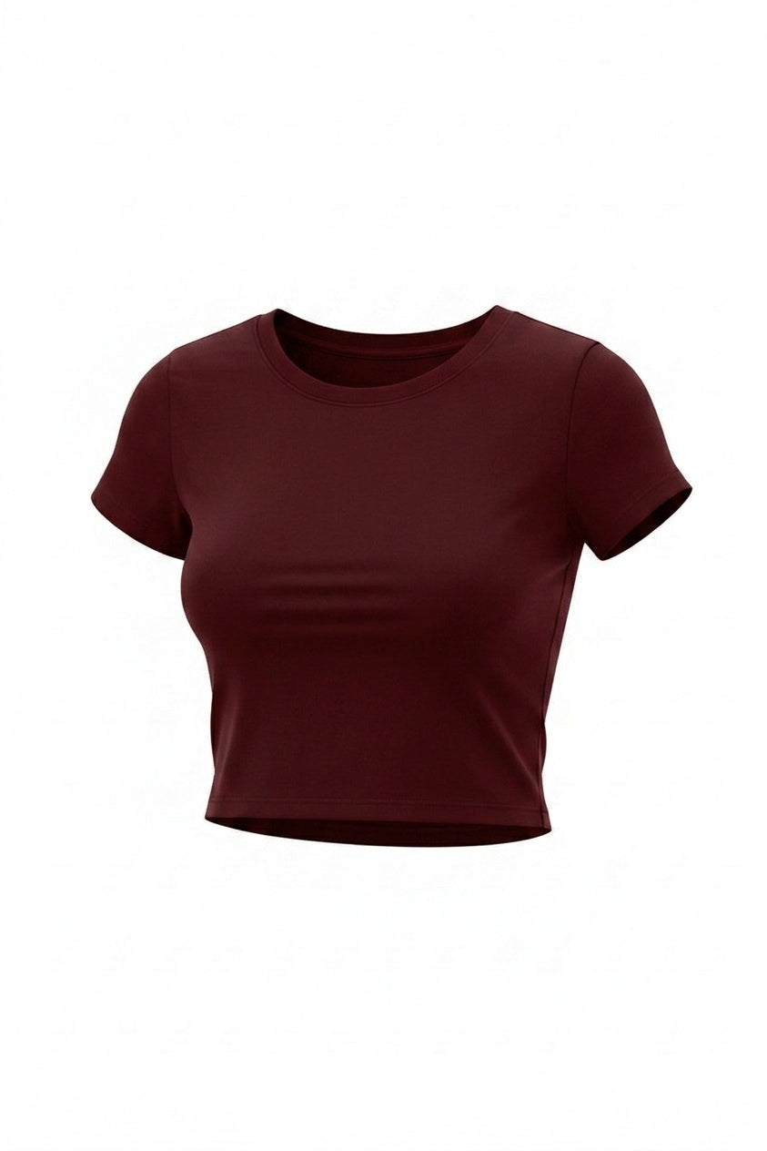 Kadın Bordo Bisiklet Yaka Likralı Kısa Kol Body Crop T-Shirt