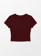Kadın Bordo Bisiklet Yaka Likralı Kısa Kol Body Crop T-Shirt
