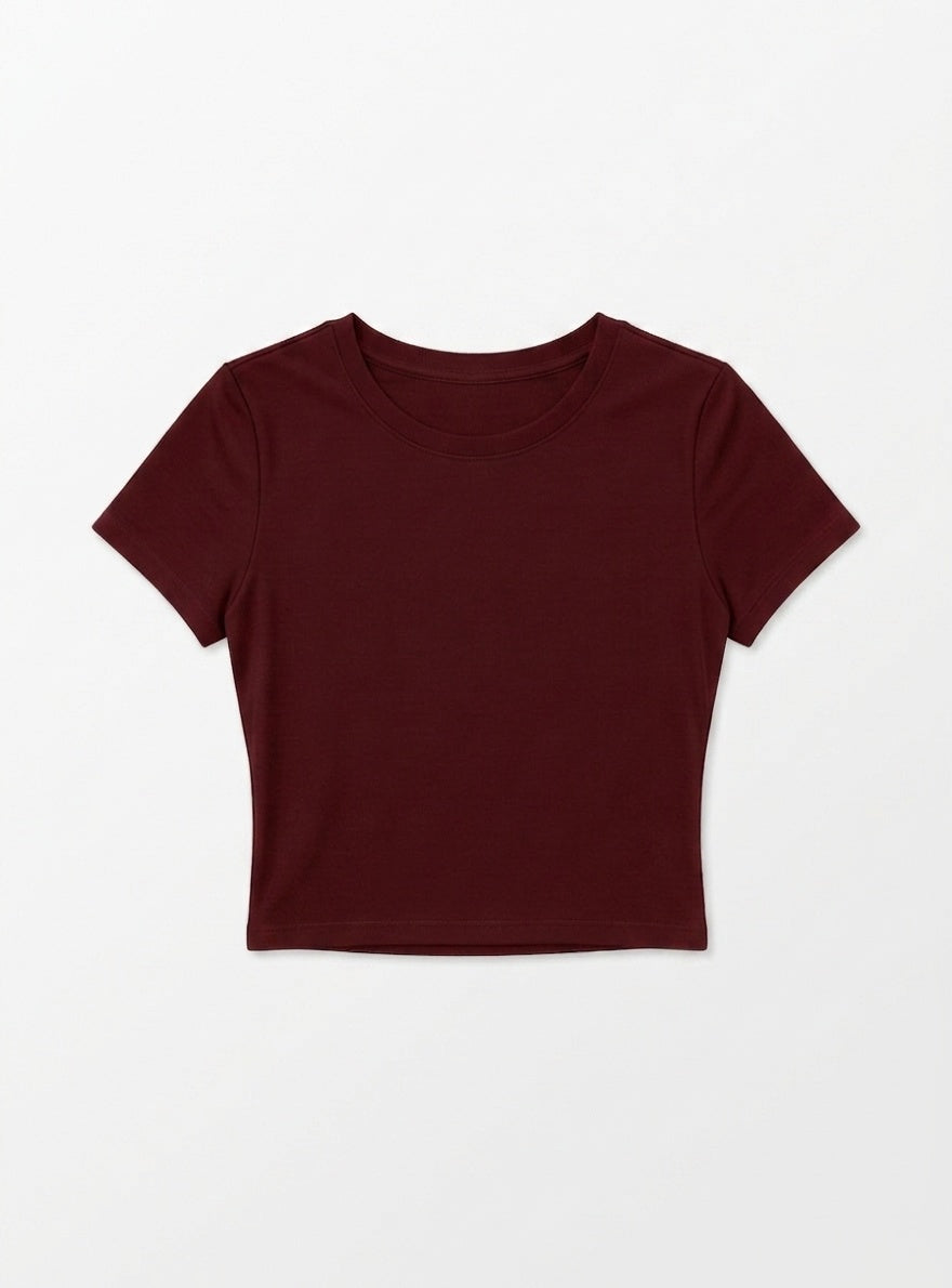 Kadın Bordo Bisiklet Yaka Likralı Kısa Kol Body Crop T-Shirt
