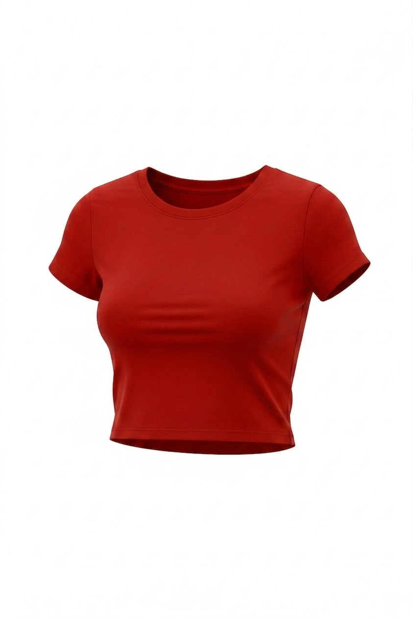 Kadın Kırmızı Bisiklet Yaka Likralı Kısa Kol Body Crop T-Shirt
