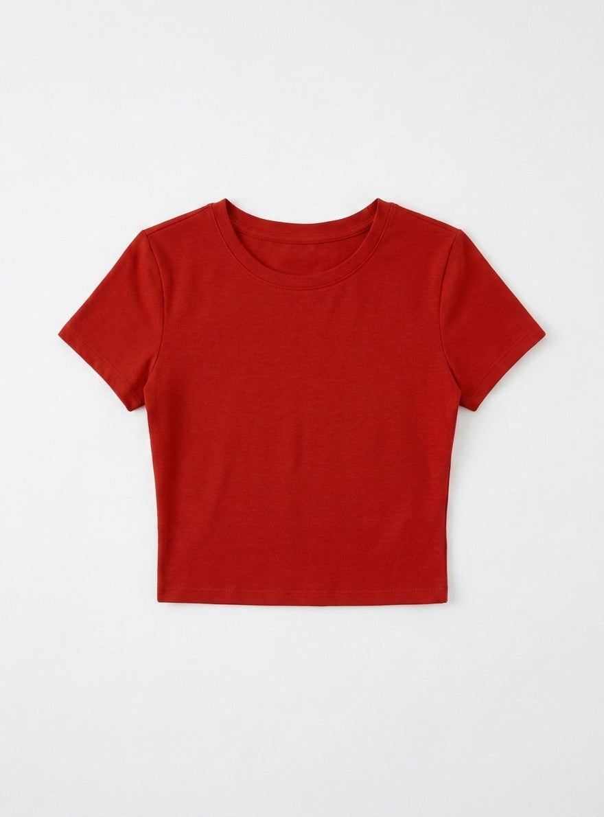 Kadın Kırmızı Bisiklet Yaka Likralı Kısa Kol Body Crop T-Shirt