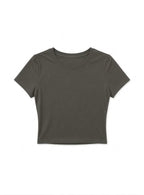 Kadın Haki Yeşili Bisiklet Yaka Likralı Kısa Kol Body Crop T-Shirt