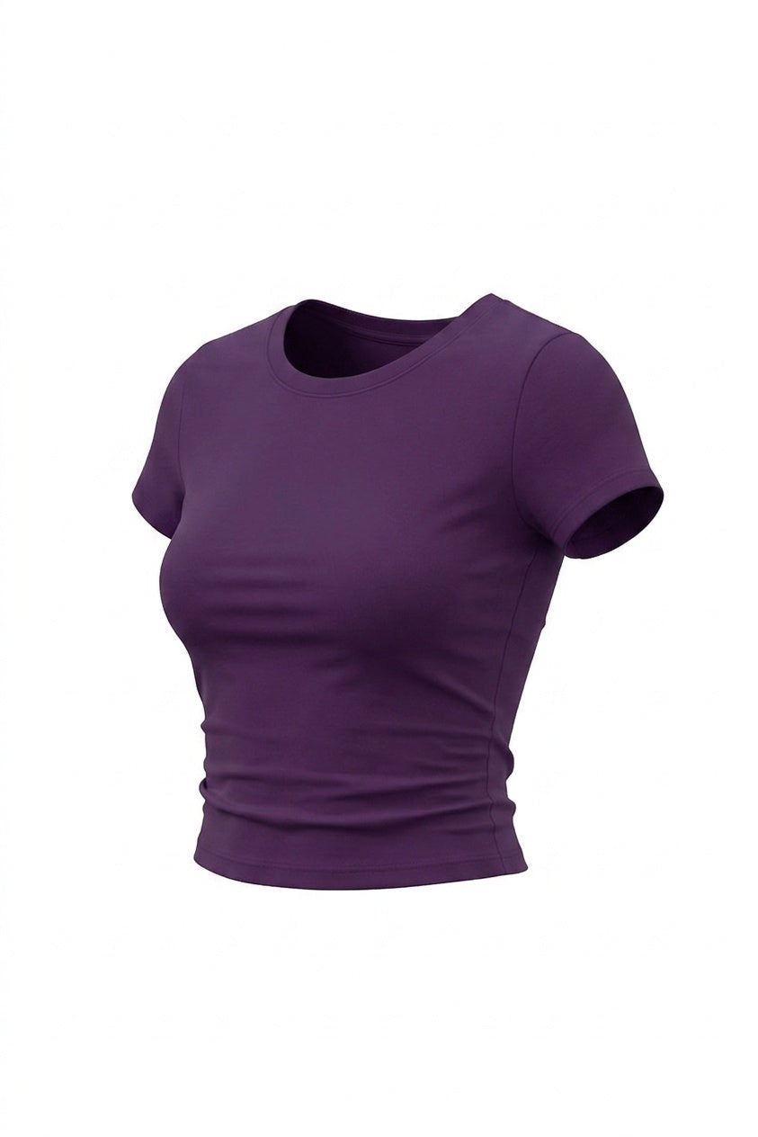 Kadın Mor Bisiklet Yaka Likralı Kısa Kol Body Crop T-Shirt