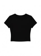 Kadın Siyah Bisiklet Yaka Likralı Kısa Kol Body Crop T-Shirt