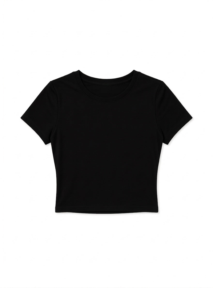 Kadın Siyah Bisiklet Yaka Likralı Kısa Kol Body Crop T-Shirt