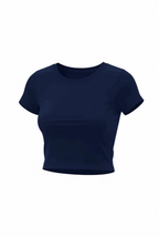 Kadın Lacivert Bisiklet Yaka Likralı Kısa Kol Body Crop Bluz