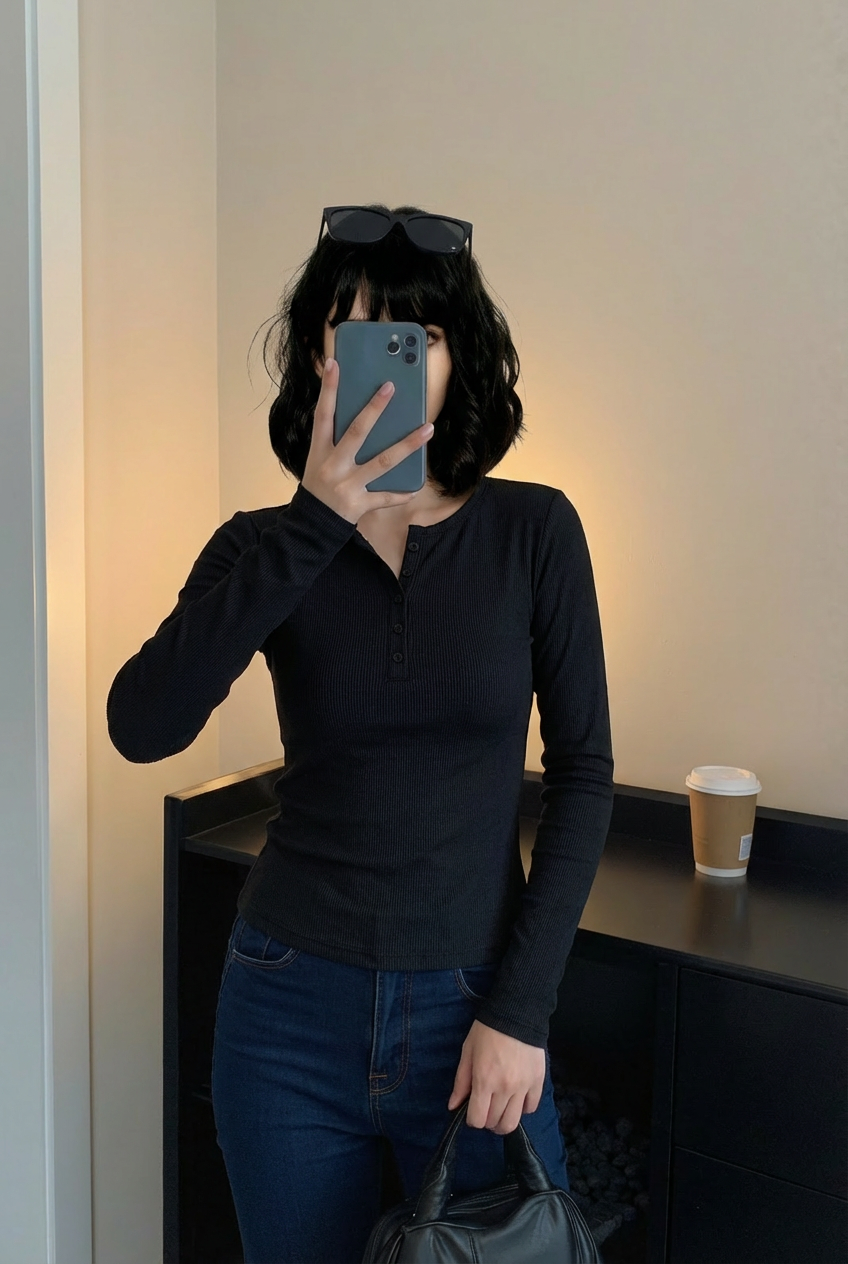 Kadın Siyah Bisiklet Yaka Uzun Kollu Fitilli Kaşkorse Bluz Body