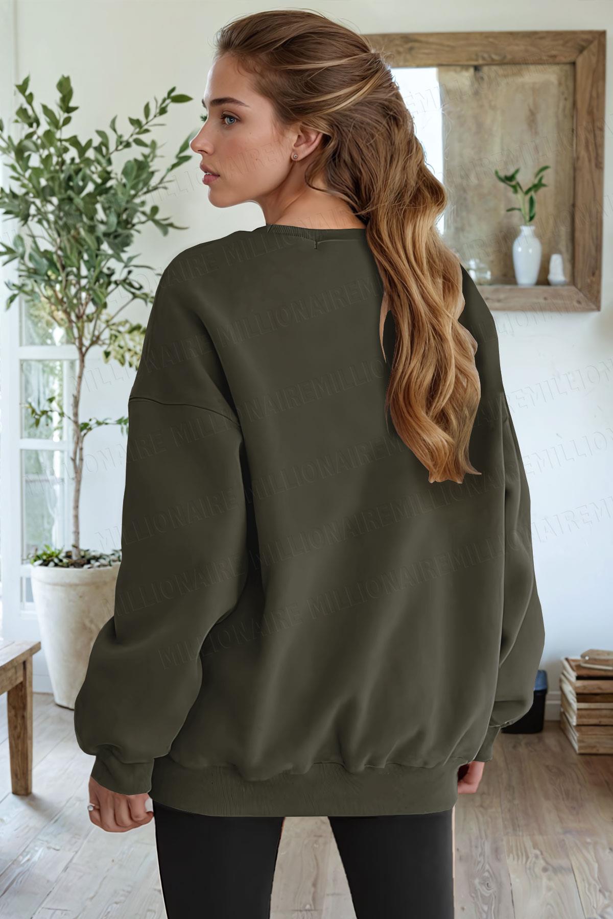 Kadın Haki Yeşili Basic 0 Sıfır Yaka Baskısız Düz Oversize Salaş Bol Kesim Polar Sweatshirt