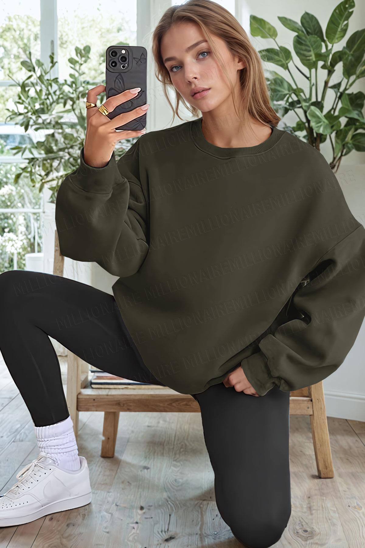 Kadın Haki Yeşili Basic 0 Sıfır Yaka Baskısız Düz Oversize Salaş Bol Kesim Polar Sweatshirt
