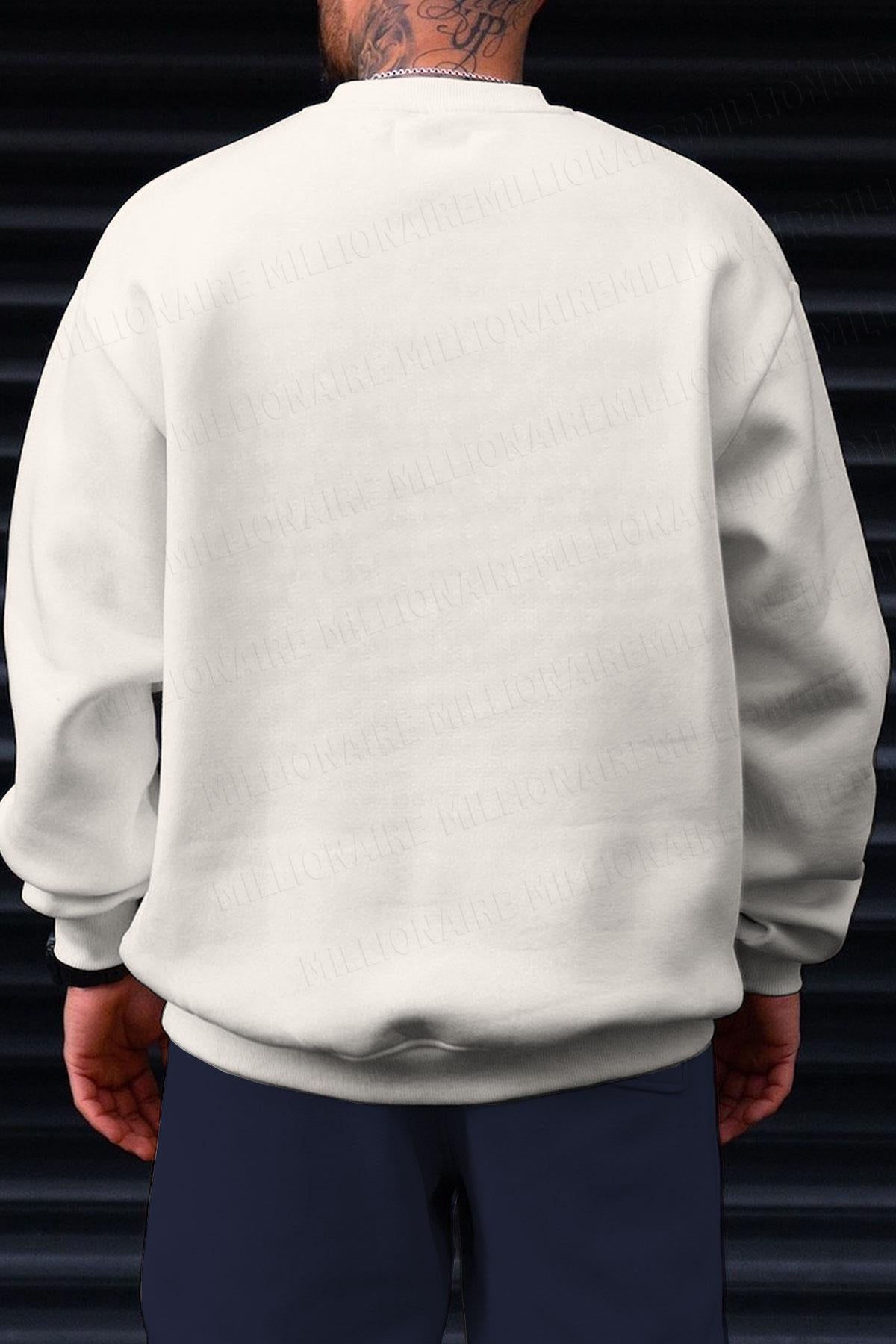 Erkek Ekru Kırık Beyaz City Of Angels Baskılı 0 Sıfır Yaka Oversize Salaş Bol Kesim Polar Sweatshirt