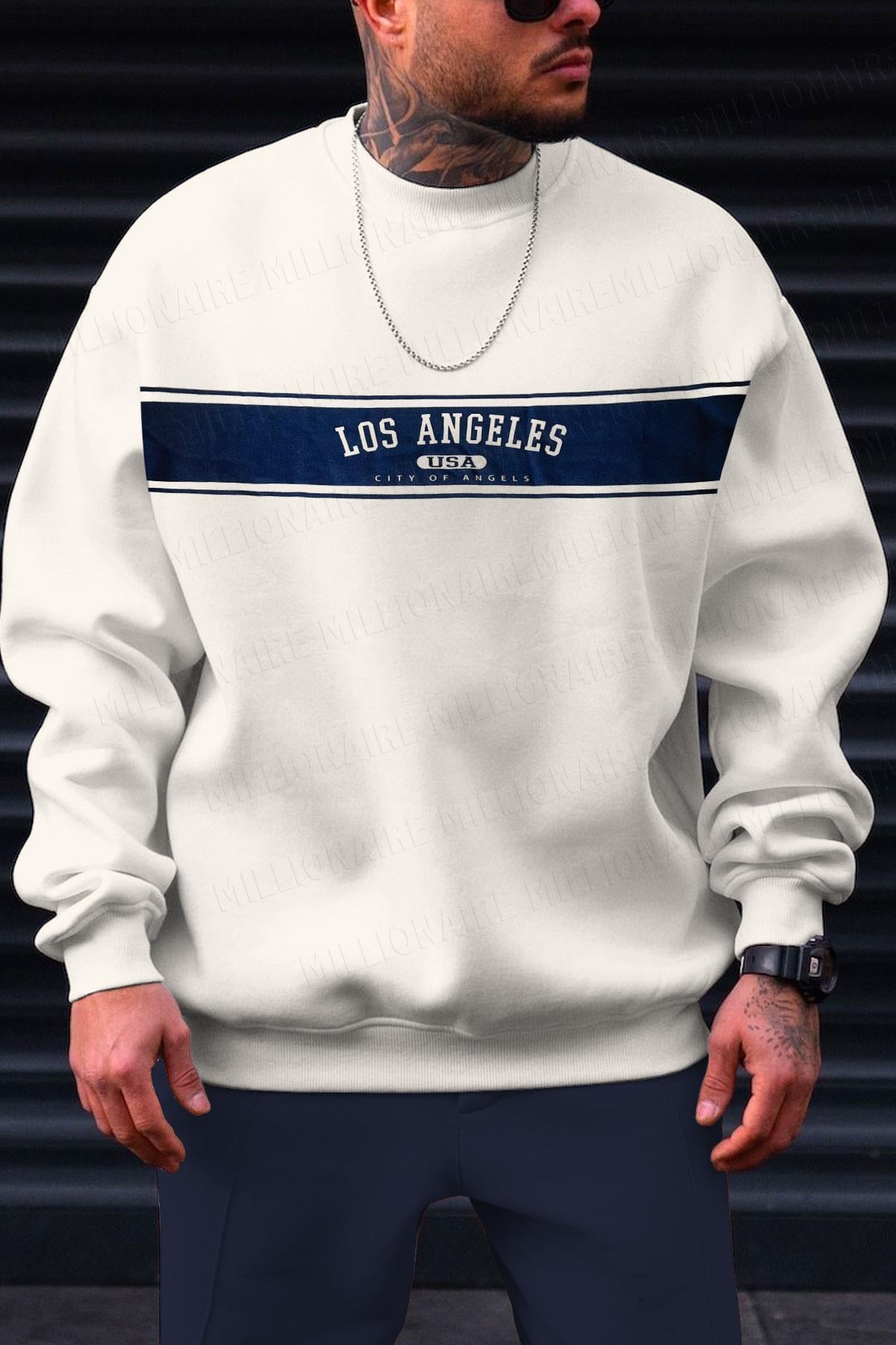 Erkek Ekru Kırık Beyaz City Of Angels Baskılı 0 Sıfır Yaka Oversize Salaş Bol Kesim Polar Sweatshirt