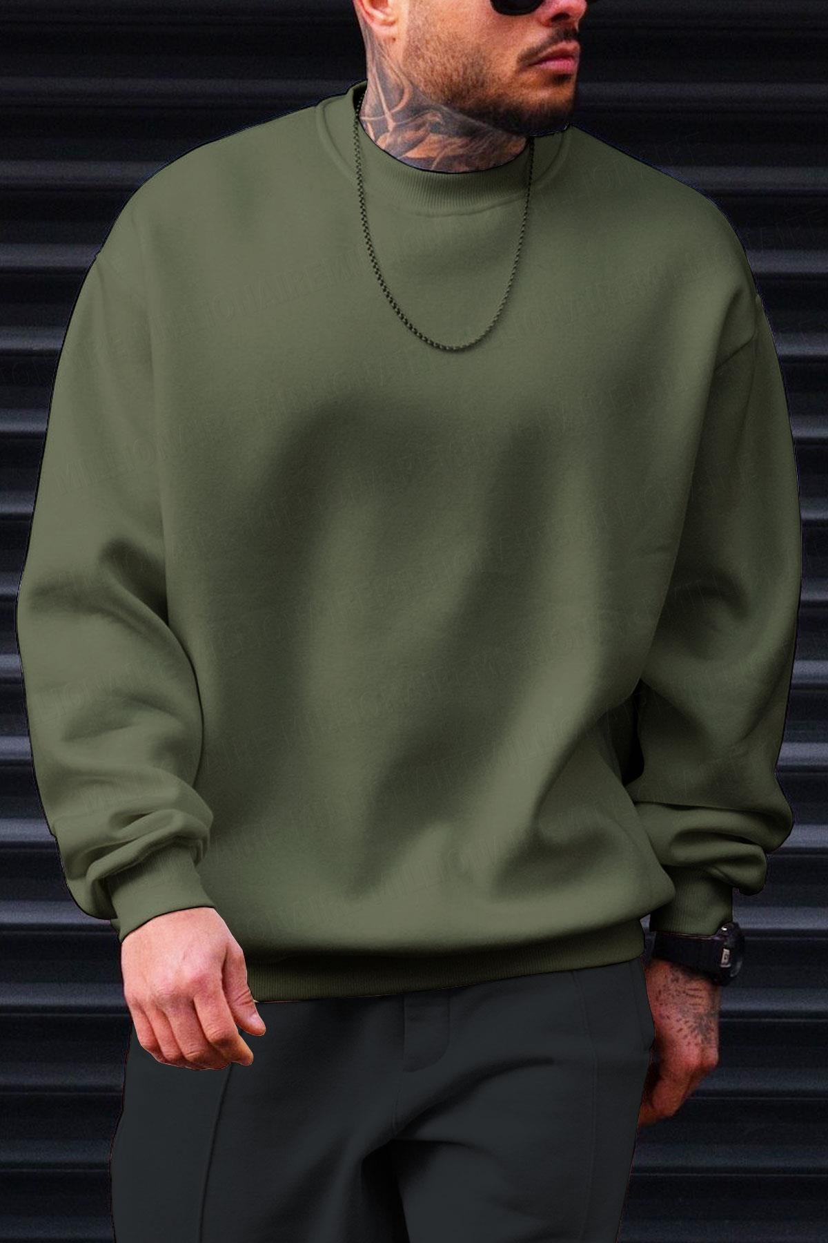 Erkek Haki Yeşili Basic 0 Sıfır Yaka Baskısız Düz Oversize Salaş Bol Kesim Polar Sweatshirt