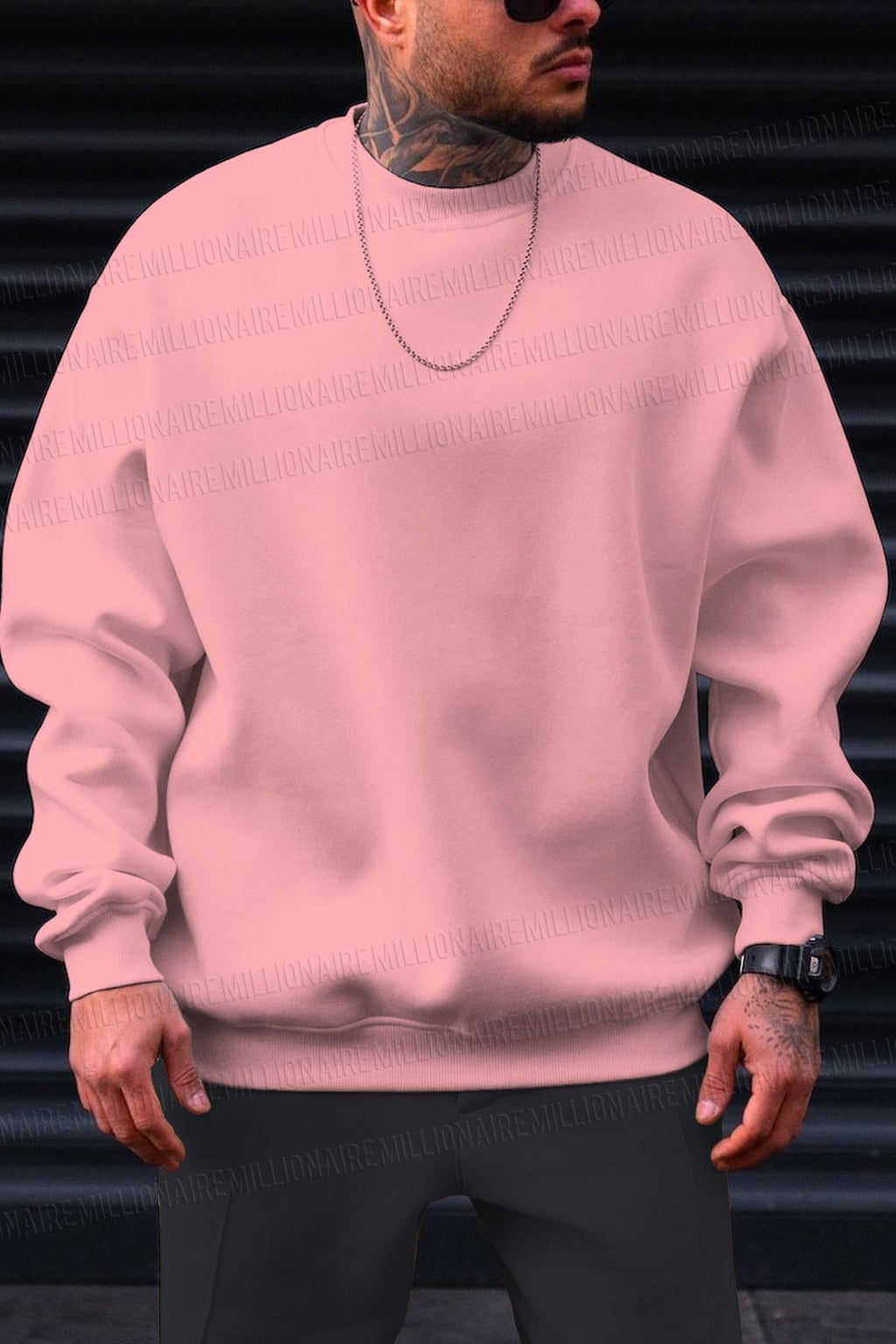Erkek Pembe Basic 0 Sıfır Yaka Baskısız Düz Oversize Salaş Bol Kesim Polar Sweatshirt