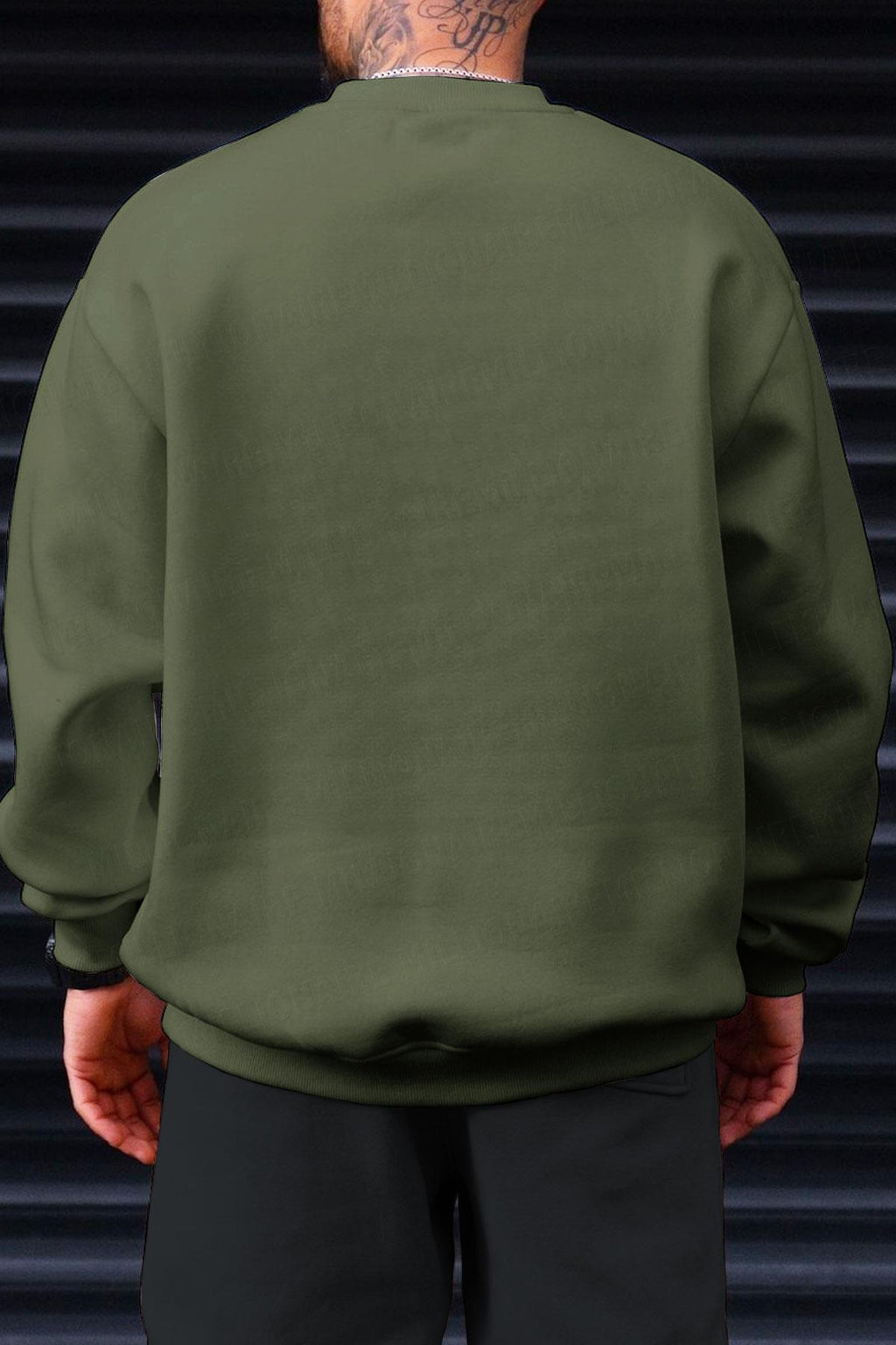 Erkek Haki Yeşili Basic 0 Sıfır Yaka Baskısız Düz Oversize Salaş Bol Kesim Polar Sweatshirt