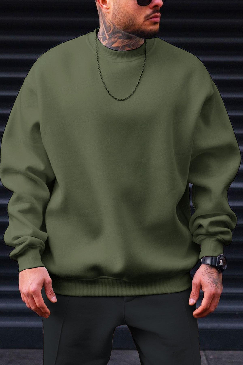 Erkek Haki Yeşili Basic 0 Sıfır Yaka Baskısız Düz Oversize Salaş Bol Kesim Polar Sweatshirt