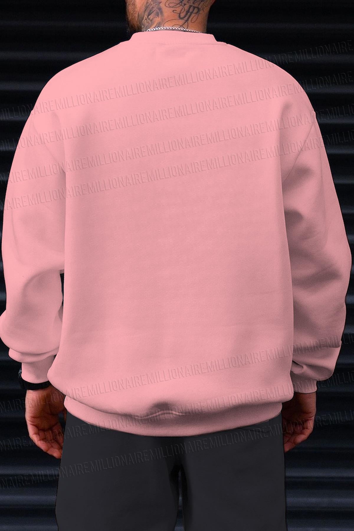 Erkek Pembe Basic 0 Sıfır Yaka Baskısız Düz Oversize Salaş Bol Kesim Polar Sweatshirt