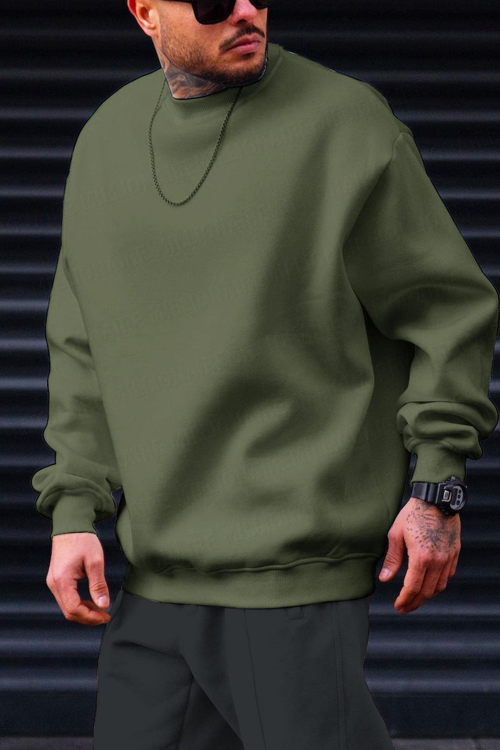 Erkek Haki Yeşili Basic 0 Sıfır Yaka Baskısız Düz Oversize Salaş Bol Kesim Polar Sweatshirt
