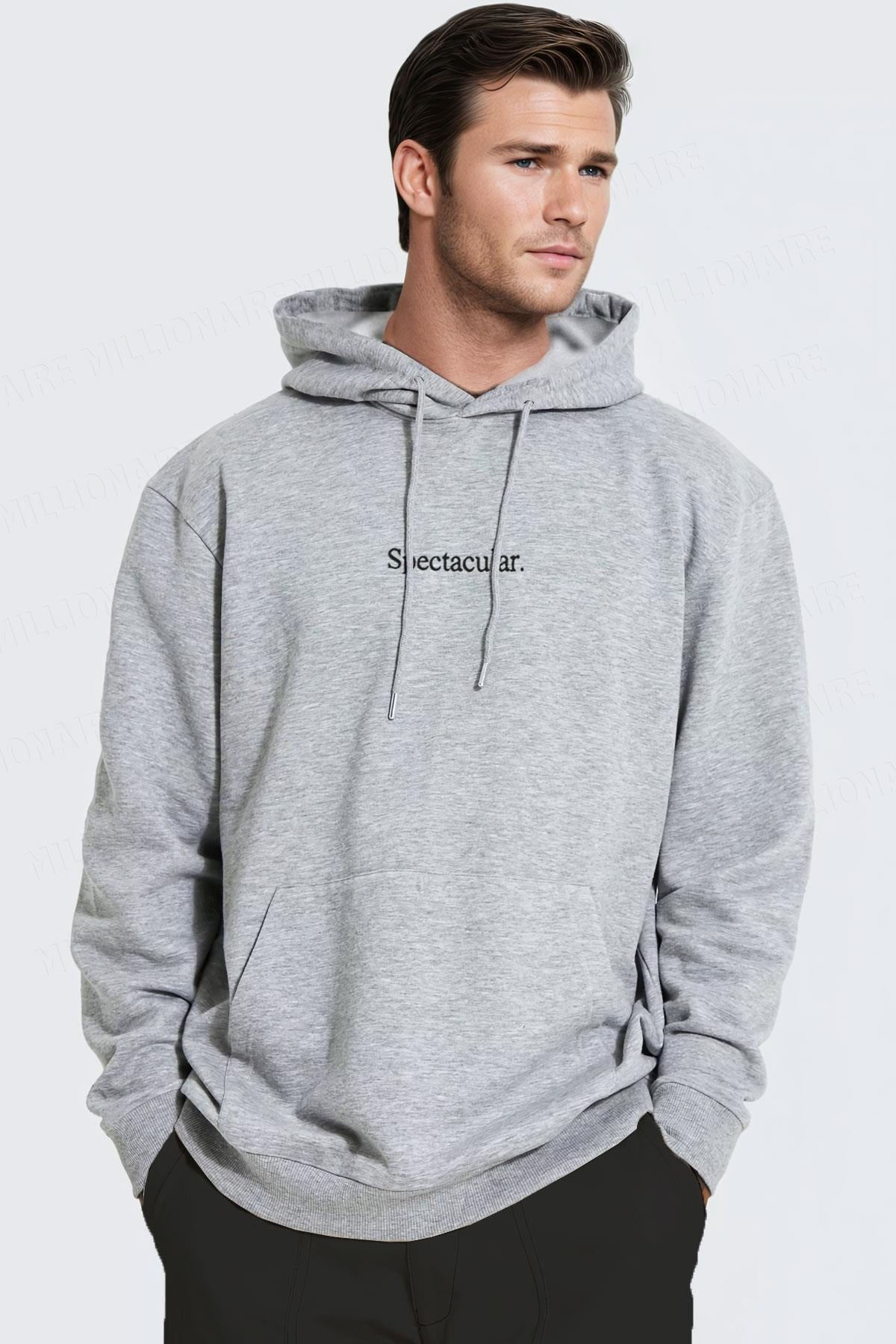 Erkek Gri Spectacular Baskılı 3 iplik Şardonlu Kapüşonlu Kanguru Cepli Oversize Salaş Hoodie Sweatshirt